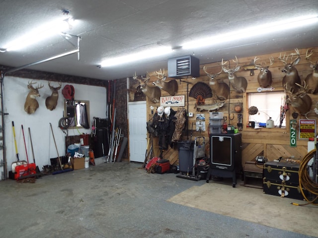 garage with a workshop area