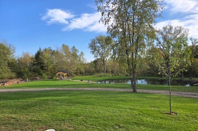 view of community with a water view and a lawn