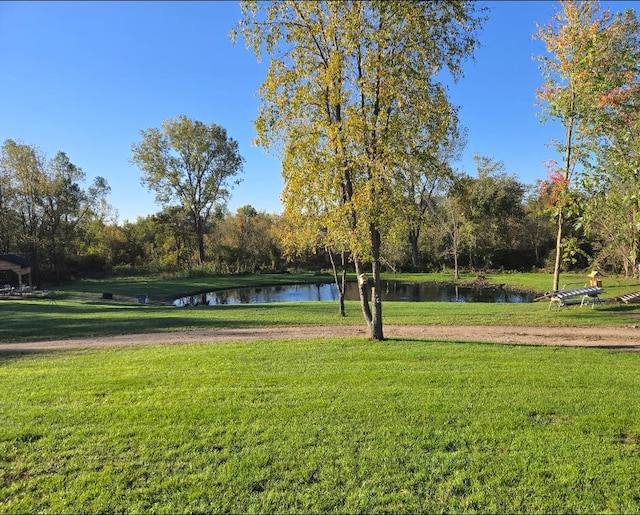 view of community with a lawn and a water view