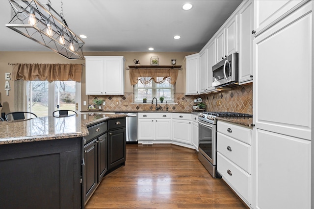 kitchen featuring appliances with stainless steel finishes, dark wood-style floors, and white cabinetry