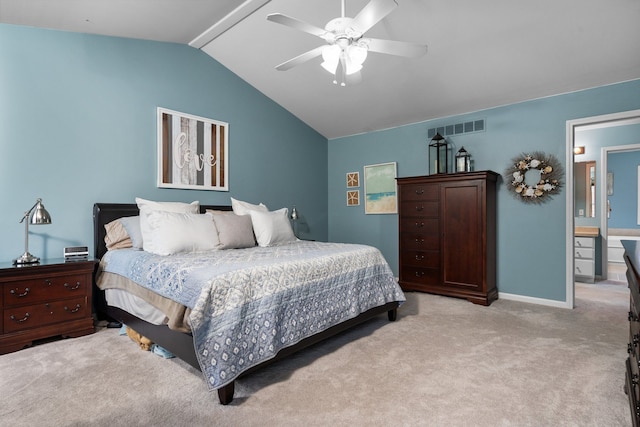 bedroom featuring visible vents, a ceiling fan, baseboards, lofted ceiling, and light colored carpet