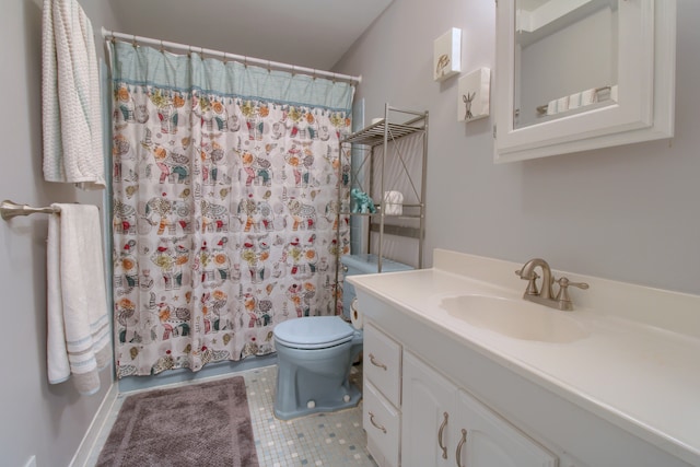 bathroom featuring shower / bath combination with curtain, tile patterned flooring, vanity, and toilet