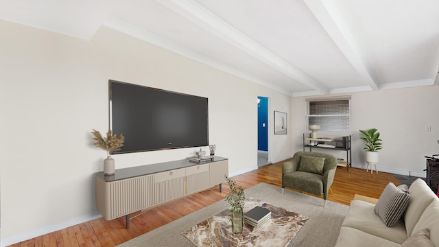 living area with beamed ceiling, wood finished floors, and baseboards