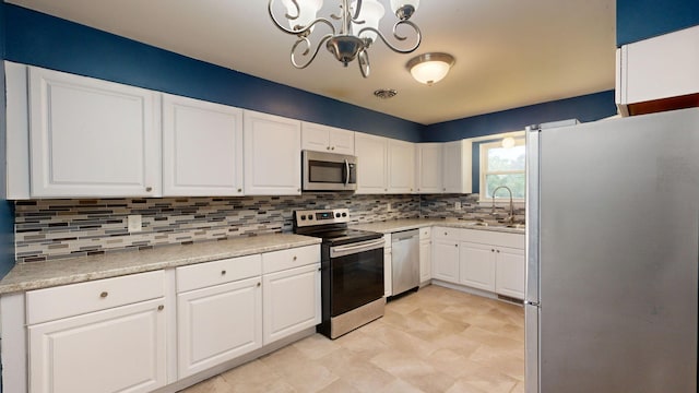 kitchen with a sink, white cabinetry, light countertops, appliances with stainless steel finishes, and tasteful backsplash