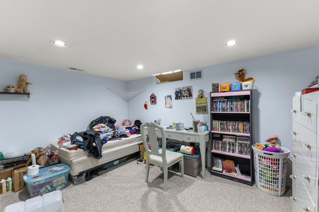 carpeted bedroom featuring visible vents and recessed lighting