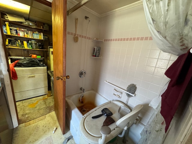 full bath featuring ornamental molding, shower / bath combination, and tile walls