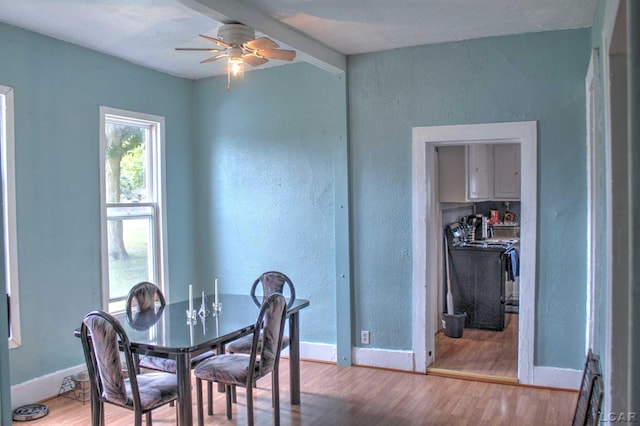 dining room featuring light wood-type flooring, baseboards, a ceiling fan, and a textured wall