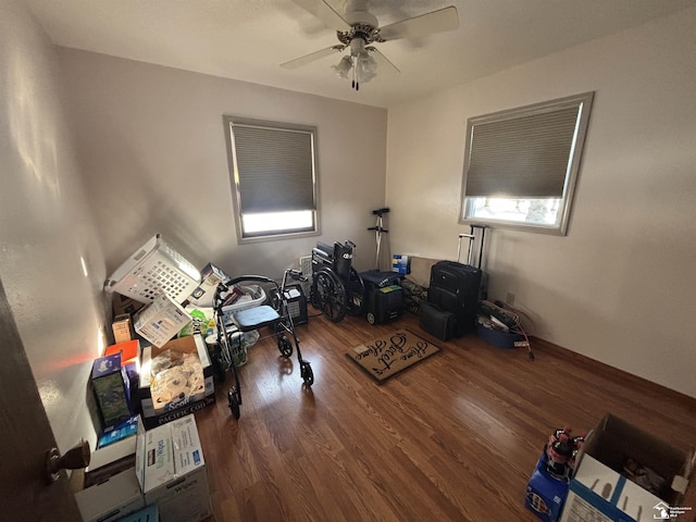 interior space with ceiling fan and wood finished floors