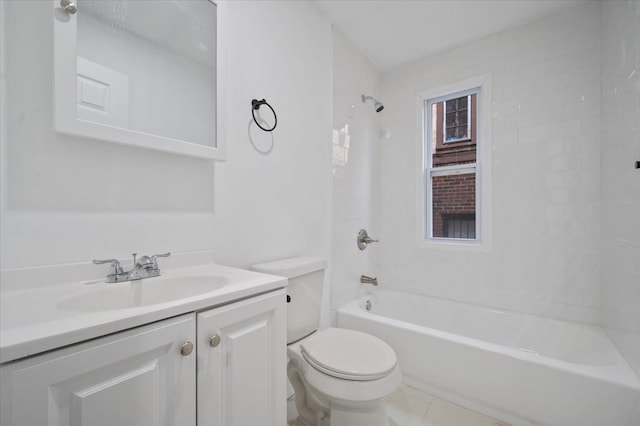 bathroom featuring tile patterned flooring, shower / bath combination, vanity, and toilet