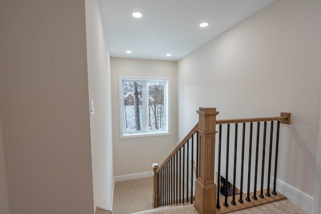 stairway featuring carpet flooring, recessed lighting, and baseboards