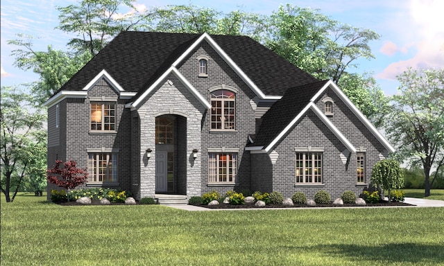 view of front of home with a shingled roof, a front yard, stone siding, and brick siding