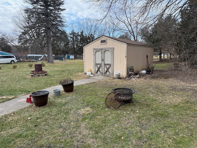 view of shed with an outdoor fire pit