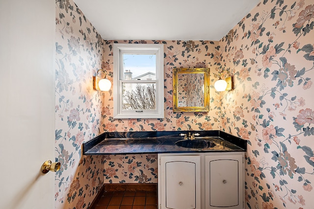 bathroom with wallpapered walls, tile patterned flooring, and vanity