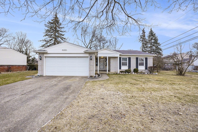 ranch-style home featuring a front lawn, brick siding, driveway, and an attached garage