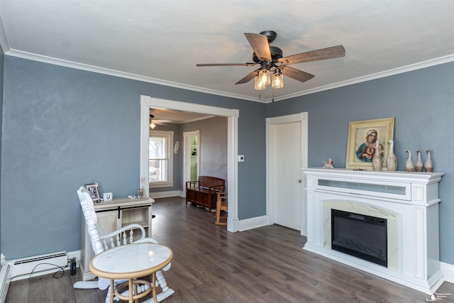 interior space featuring dark wood-style flooring, crown molding, and baseboard heating