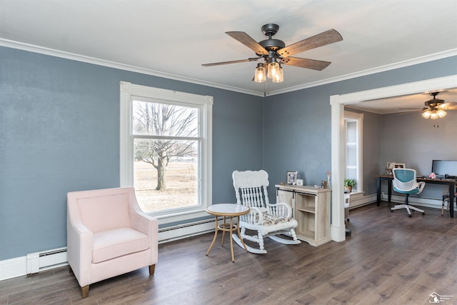 sitting room with a baseboard radiator, ornamental molding, ceiling fan, and wood finished floors