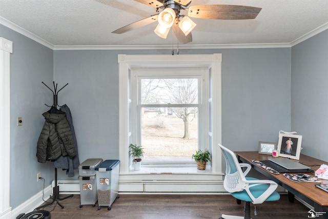 office featuring a textured ceiling, ornamental molding, baseboard heating, and wood finished floors