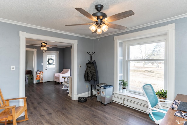 office area featuring ornamental molding, dark wood-type flooring, and a healthy amount of sunlight