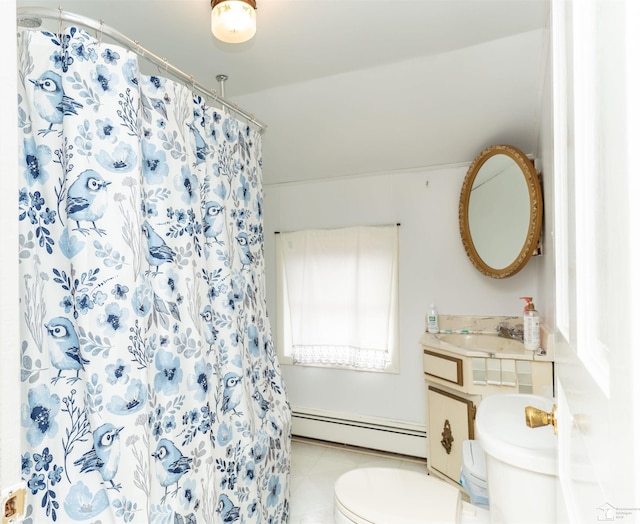 bathroom with a shower with shower curtain, toilet, vanity, and baseboard heating