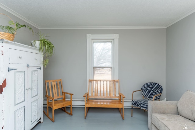 sitting room with ornamental molding and a textured ceiling