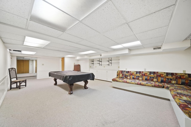 recreation room featuring billiards, visible vents, a drop ceiling, and carpet flooring