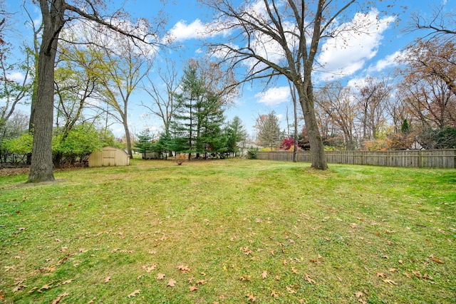 view of yard with fence, an outdoor structure, and a storage shed