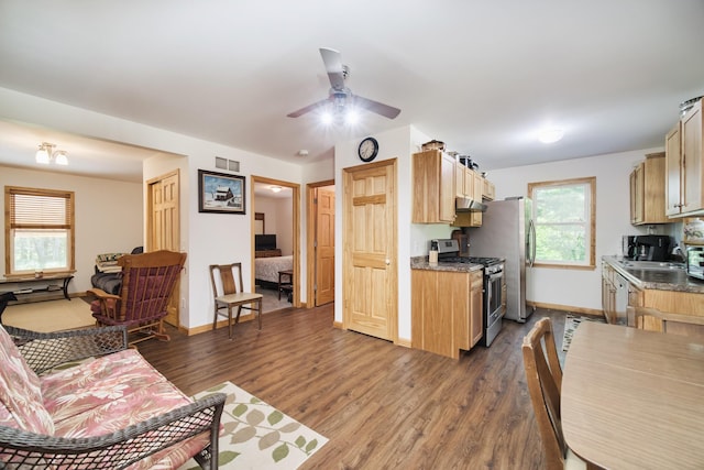 kitchen featuring appliances with stainless steel finishes, dark wood-type flooring, visible vents, and under cabinet range hood