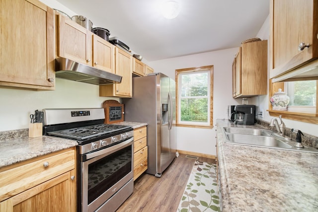 kitchen featuring stainless steel appliances, a healthy amount of sunlight, a sink, and under cabinet range hood