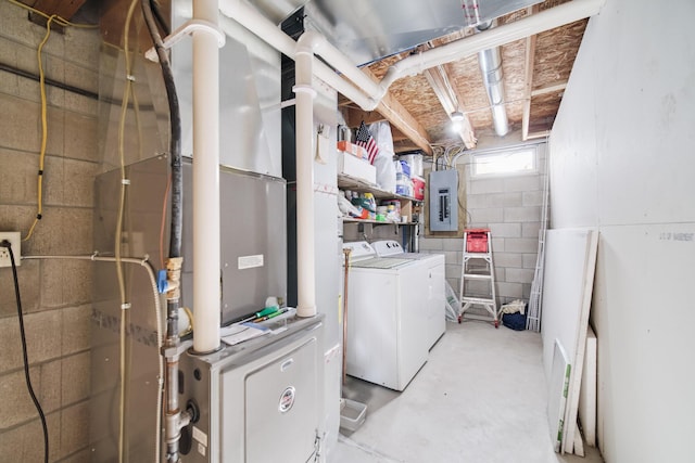 laundry room with laundry area, washing machine and clothes dryer, electric panel, and heating unit