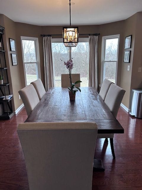 dining room with a wealth of natural light, a notable chandelier, baseboards, and dark wood-style flooring