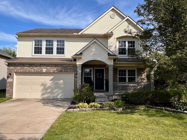 traditional-style home with an attached garage, covered porch, brick siding, concrete driveway, and a front lawn