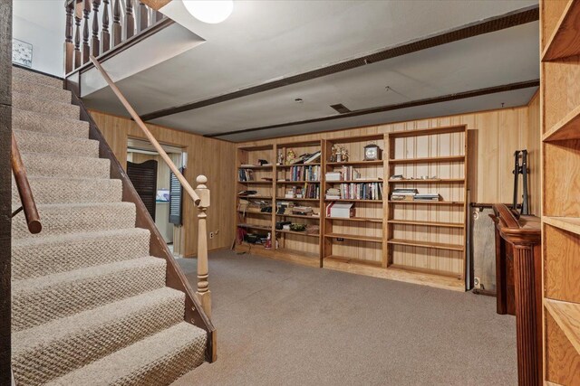 basement featuring carpet, wooden walls, and stairs