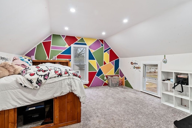 bedroom with carpet, vaulted ceiling, and recessed lighting