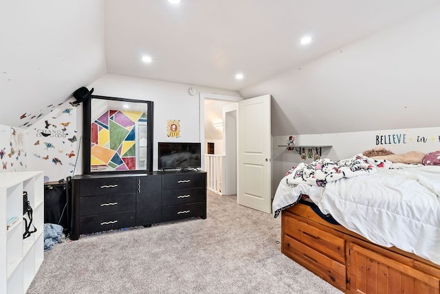 bedroom featuring vaulted ceiling, recessed lighting, and light colored carpet