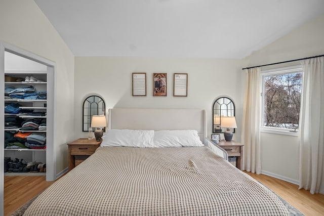 bedroom featuring lofted ceiling, wood finished floors, baseboards, a spacious closet, and a closet