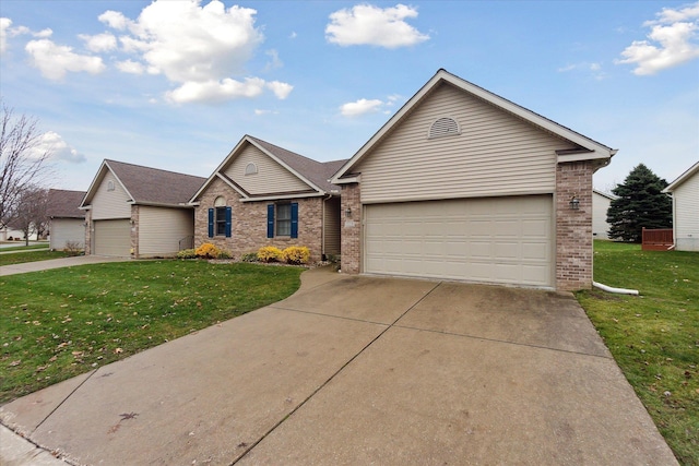 ranch-style house featuring an attached garage, driveway, a front yard, and brick siding