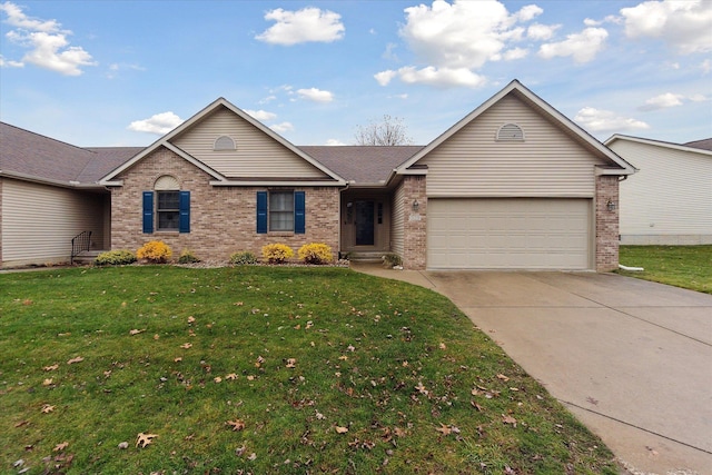 ranch-style house with a front yard, concrete driveway, brick siding, and an attached garage