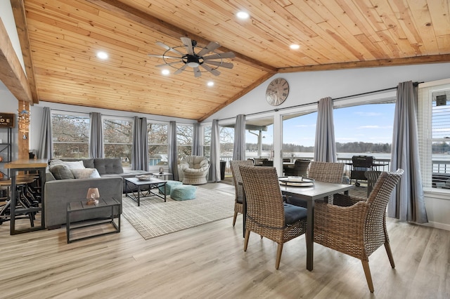 sunroom featuring vaulted ceiling with beams, wood ceiling, and ceiling fan