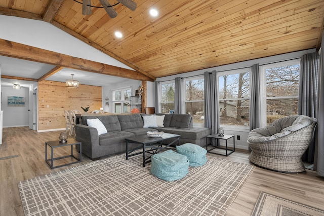 living area featuring wooden ceiling, wood walls, light wood-style flooring, and beamed ceiling