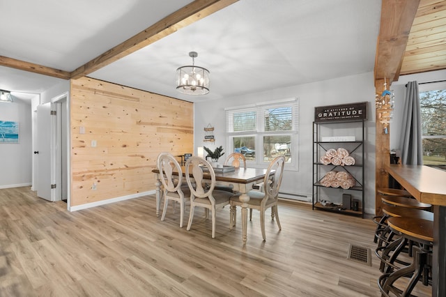 dining room with light wood-style flooring, beamed ceiling, and visible vents