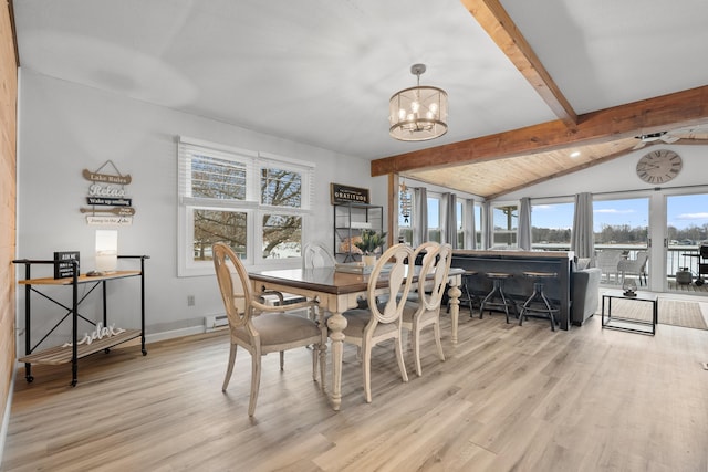 dining space with vaulted ceiling with beams, light wood finished floors, and plenty of natural light