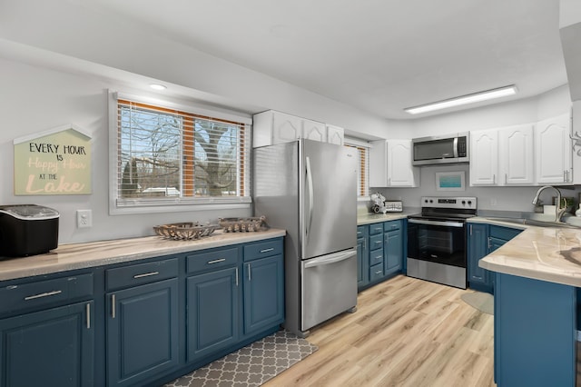 kitchen featuring stainless steel appliances, light wood-style flooring, white cabinets, a sink, and blue cabinets