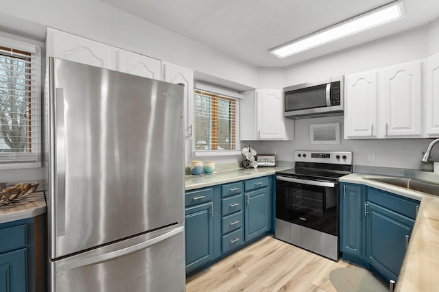 kitchen with appliances with stainless steel finishes, a sink, white cabinetry, and blue cabinets