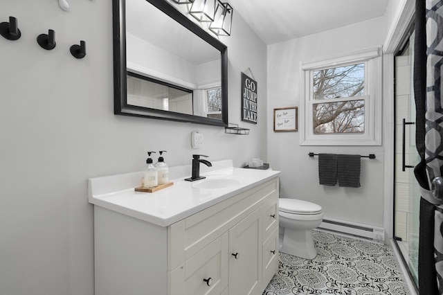 full bathroom with toilet, a baseboard heating unit, a shower stall, vanity, and tile patterned flooring