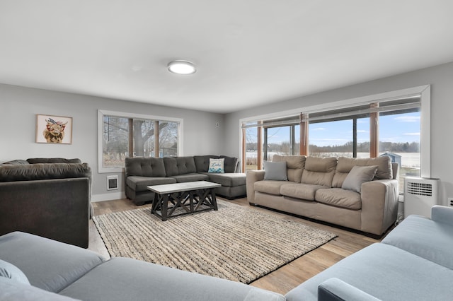 living area with wood finished floors and radiator