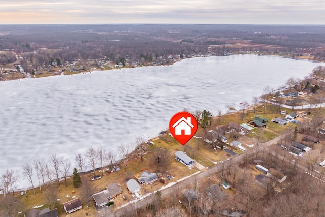 drone / aerial view featuring a water view