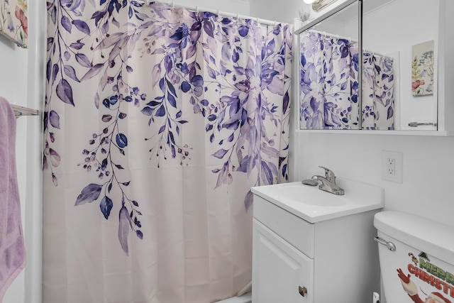 full bath featuring a shower with curtain, vanity, and toilet