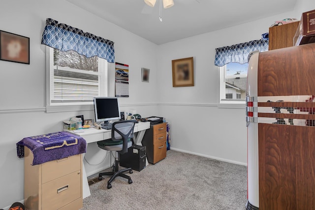 home office featuring ceiling fan, carpet, and baseboards