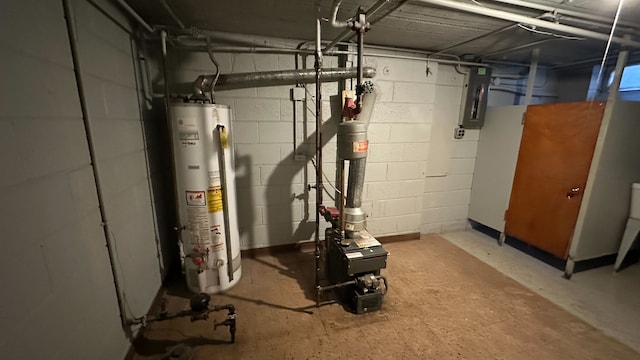 utility room with gas water heater and electric panel