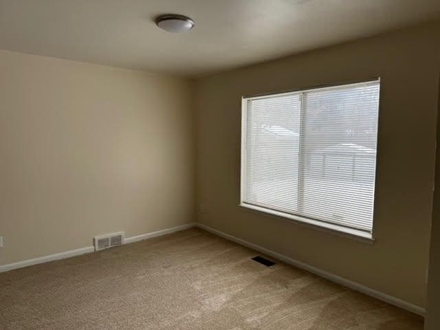 spare room with visible vents, light carpet, and baseboards